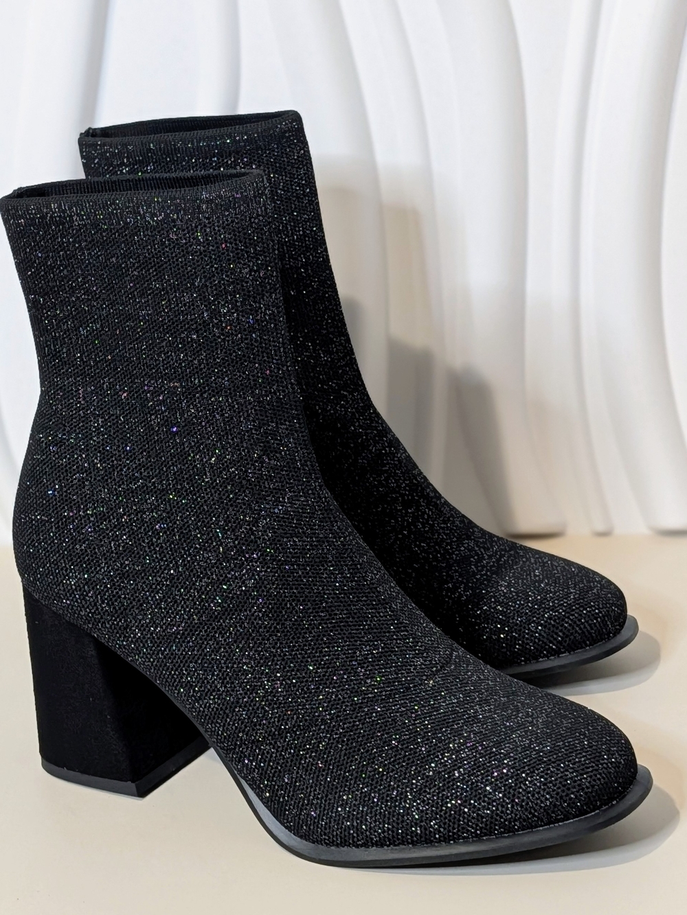 MIA Piana Black Silver Sparkle Knit Block Heel Ankle Boots Size 8